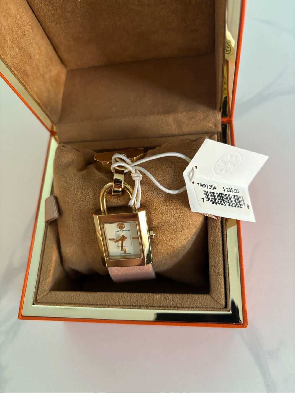 Tory Burch Gold Padlock Watch with Pink Leather Strap - Picture 5 of 9